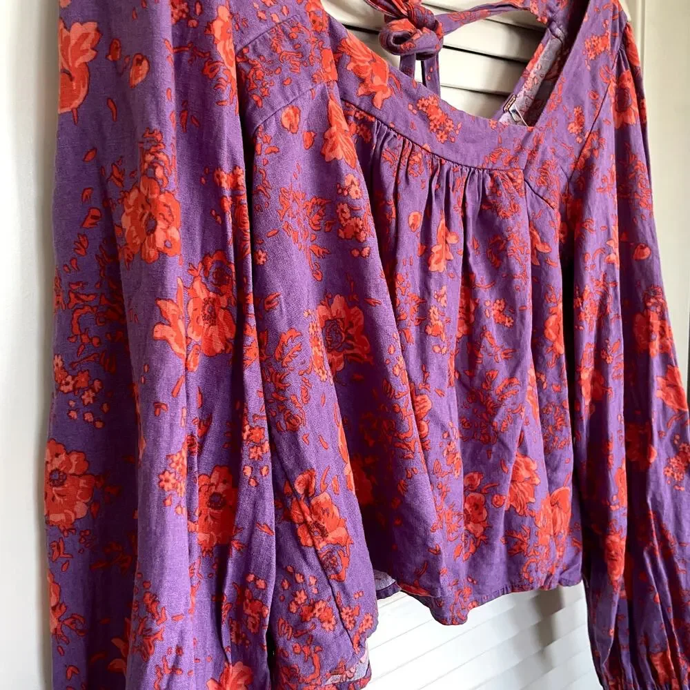 Free People Floral Orchid Purple Linen Blend Tie Back Blouse M Boho Cottagecore